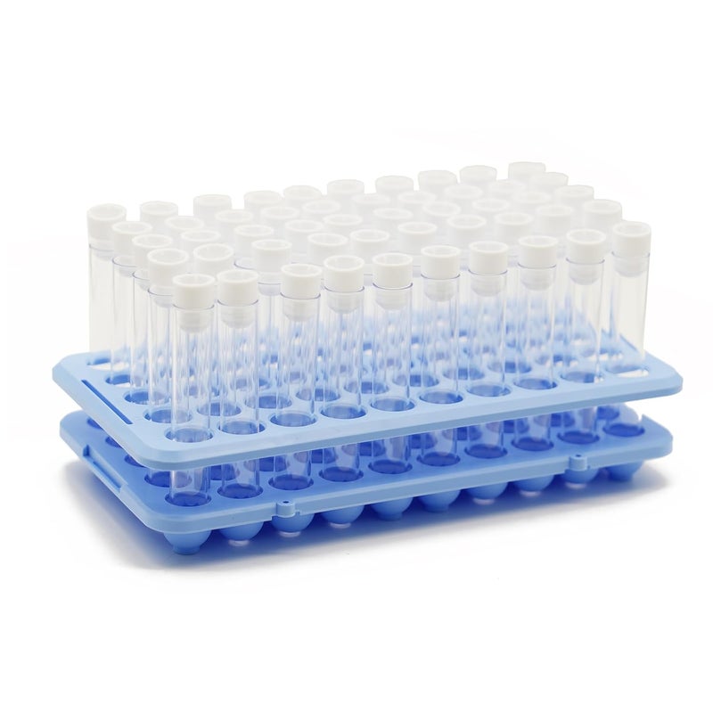 LSVERDE Store 50 Pcs Plastic Clear Test Tubes with Rack, 16 x 100mm Test Tube with Caps and 50 Holes Tubes Rack Set for Scientific Experiments Candy Beads Liquid Spice Seed Storage Party Decorations - Image 1